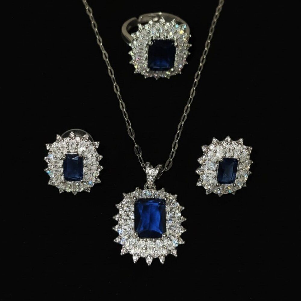 Radiant Rocks Opulent Sapphire Blue Zircon Necklace, Earrings, and Ring Set